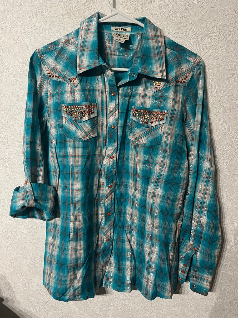 Ariat Turquoise Plaid Western Shirt with Stud Accents